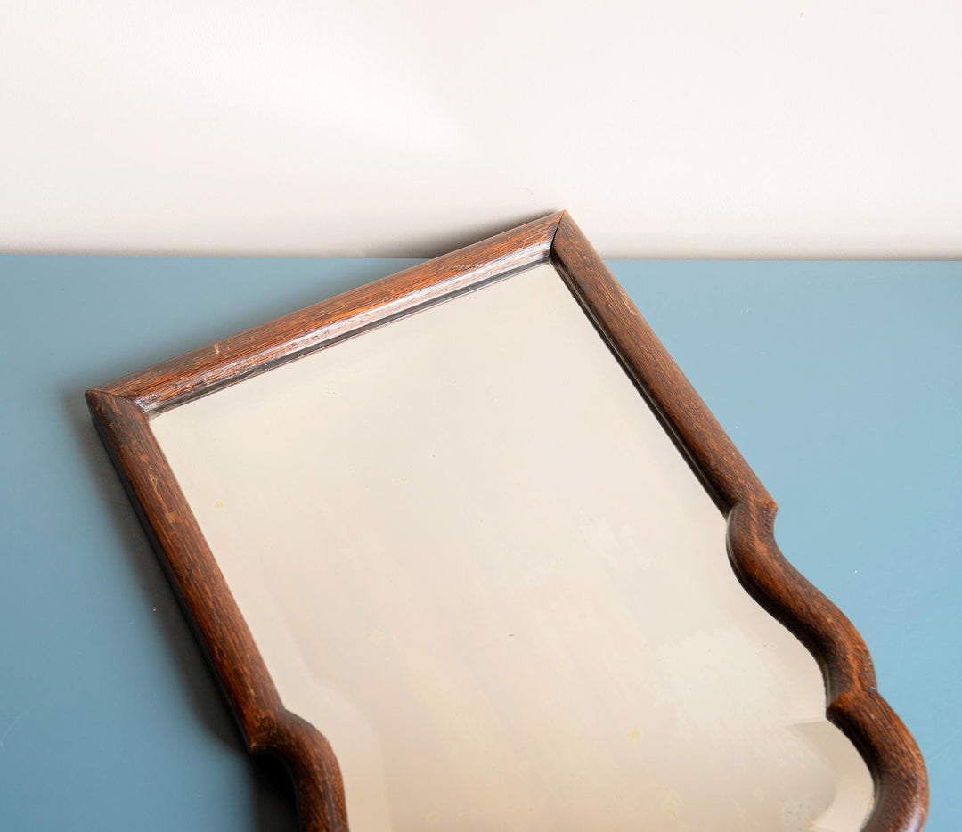 Scalloped Oak Farmers Mirror With Beveled Glass