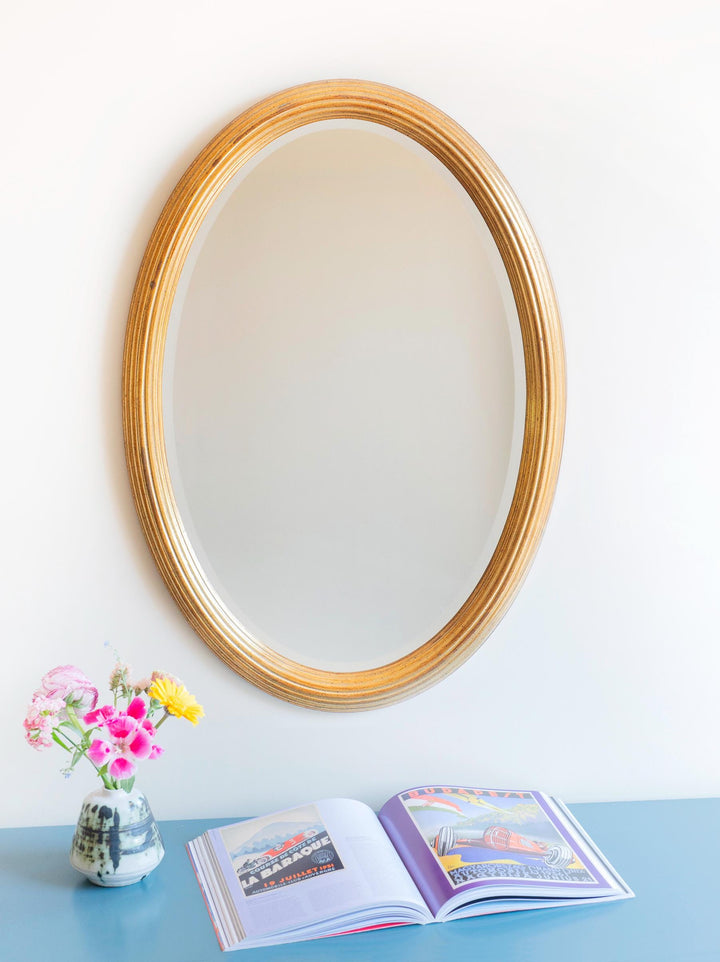 Large Oval Golden Mirror With Beveled Glass - Deknudt