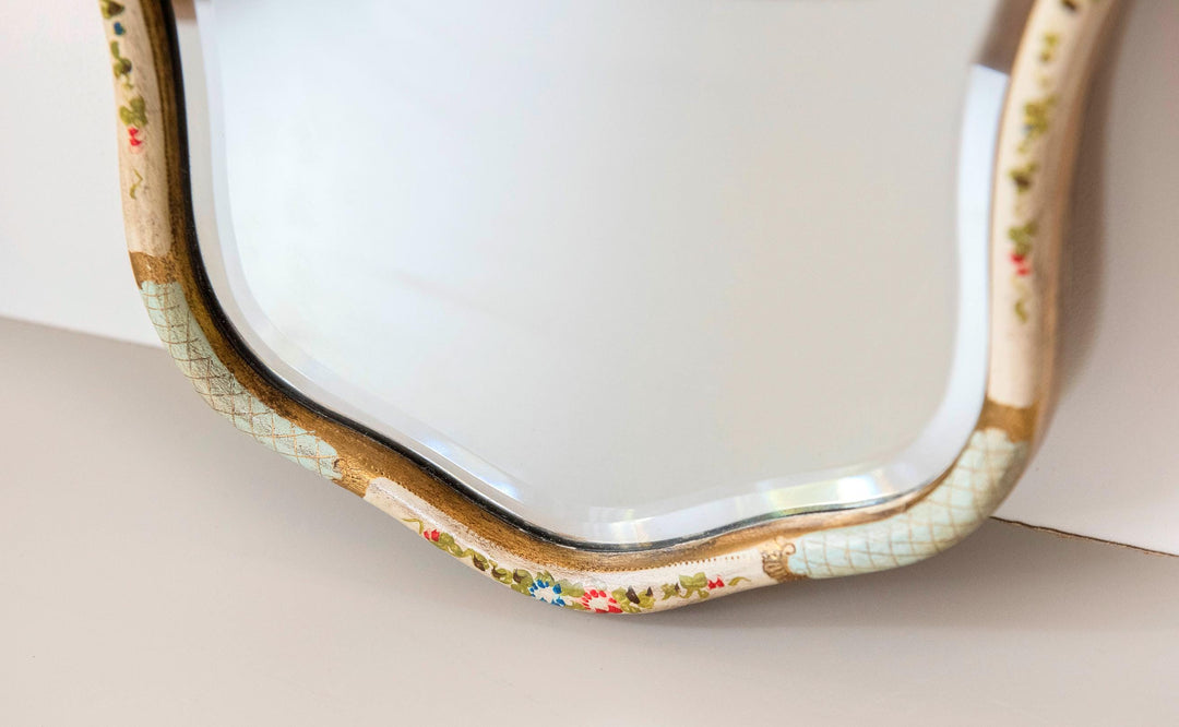 Vintage Dutch Floral Wall Mirror - Hand Painted Scalloped Frame