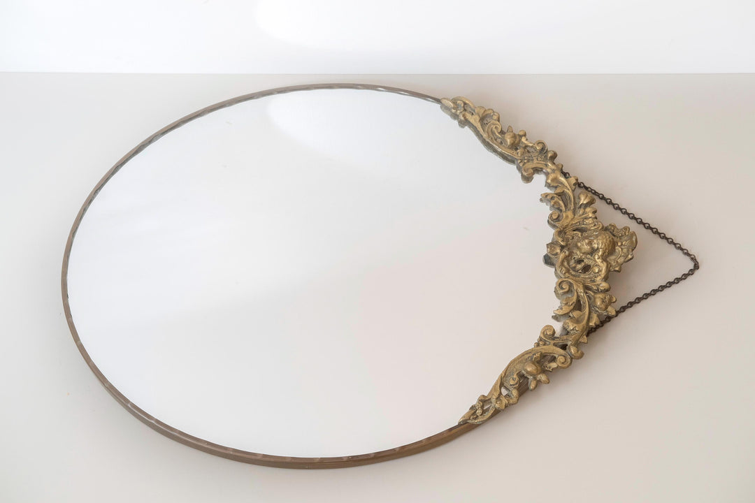 Vintage Brass Oval Wall Mirror With Hanging Chain