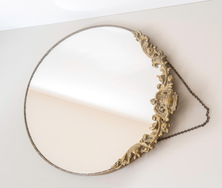 Vintage Brass Oval Wall Mirror With Hanging Chain