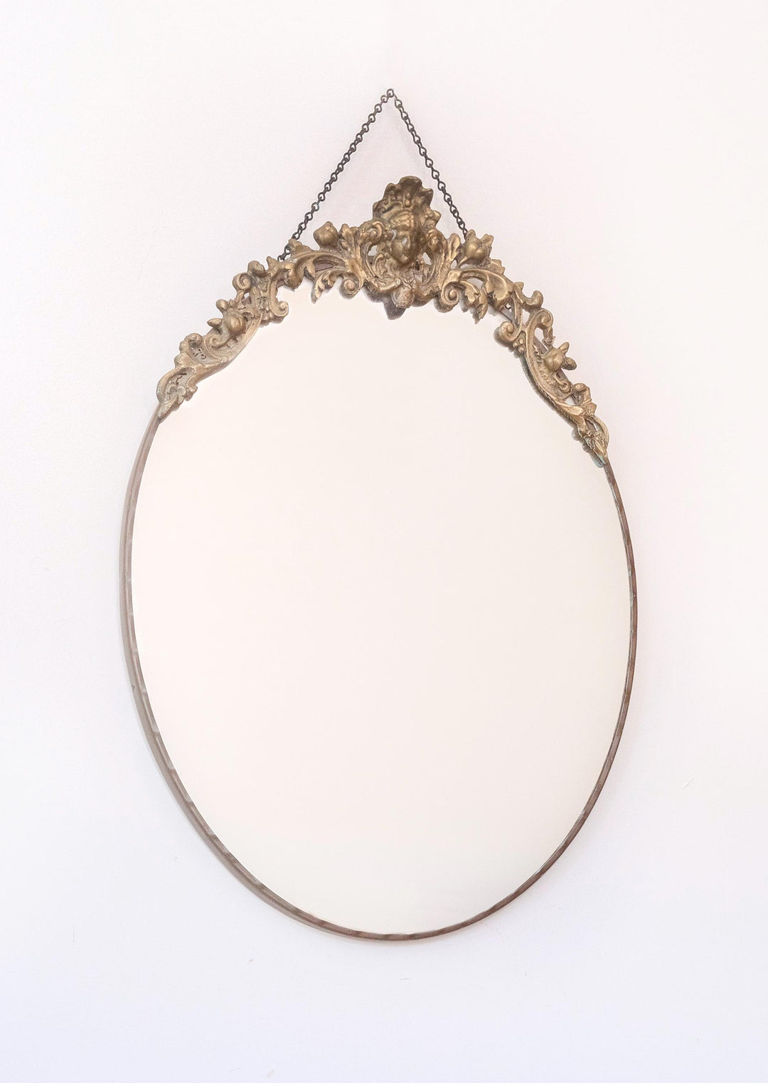 Vintage Brass Oval Wall Mirror With Hanging Chain