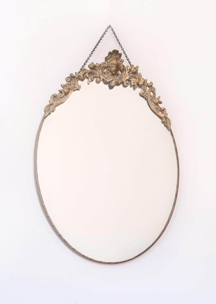 Vintage Brass Oval Wall Mirror With Hanging Chain