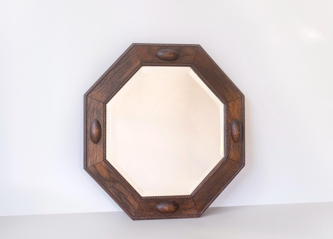 Art Deco Wall Mirror with Beveled Glass - 1920s Geometric Oak Frame
