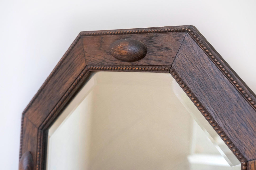Art Deco Wall Mirror with Beveled Glass - 1920s Geometric Oak Frame