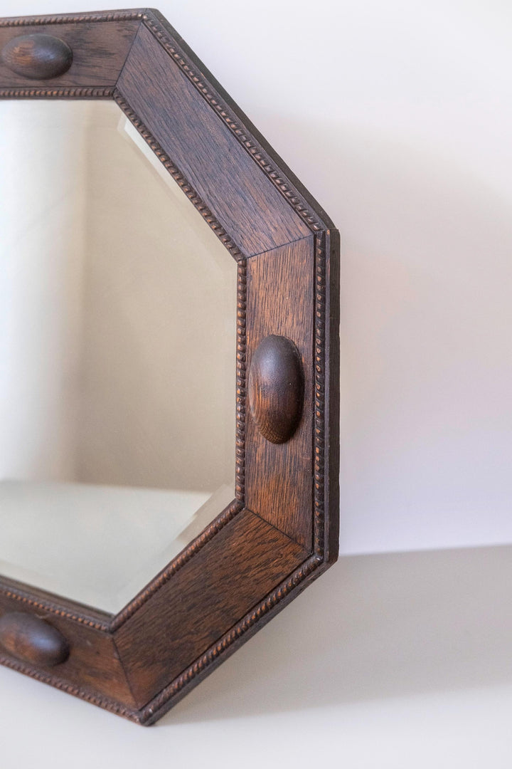 Art Deco Wall Mirror with Beveled Glass - 1920s Geometric Oak Frame