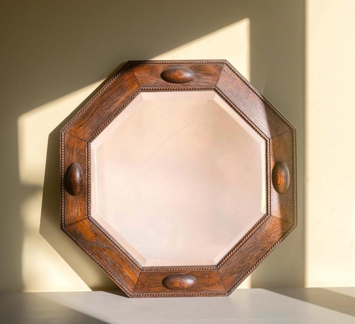 Art Deco Wall Mirror with Beveled Glass - 1920s Geometric Oak Frame