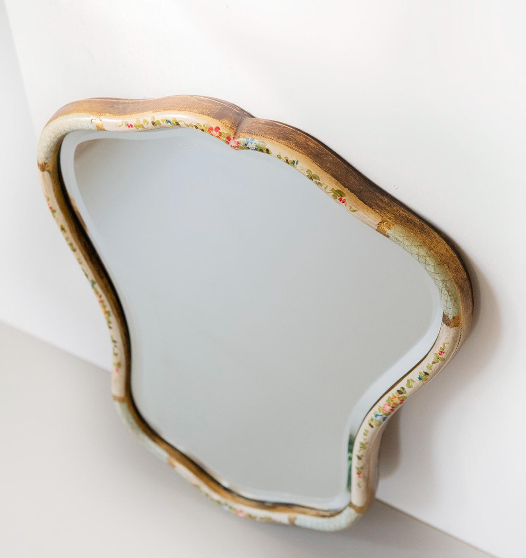 Vintage Dutch Floral Wall Mirror - Hand Painted Scalloped Frame