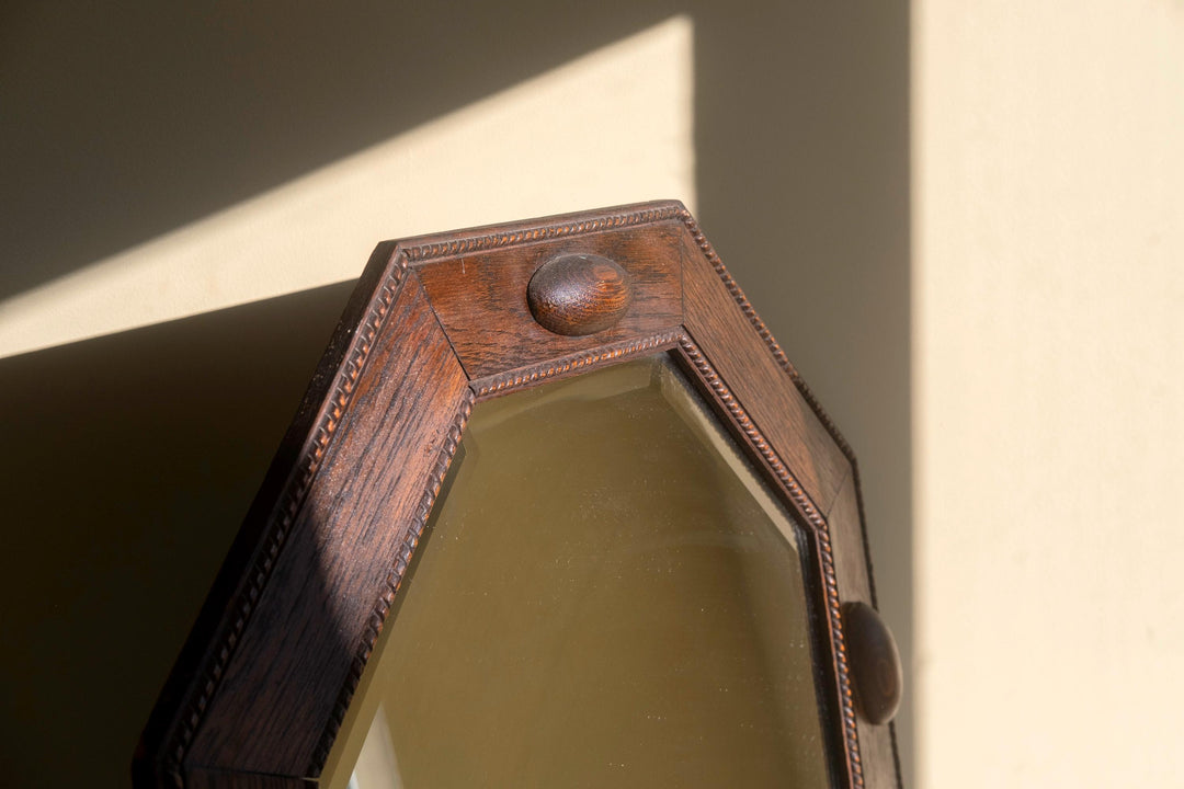 Art Deco Wall Mirror with Beveled Glass - 1920s Geometric Oak Frame