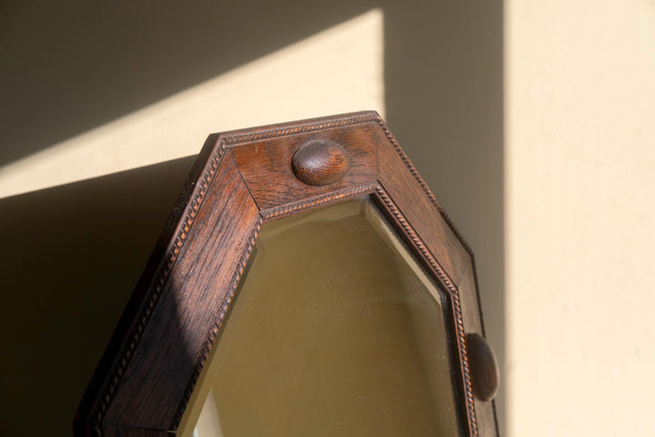 Art Deco Wall Mirror with Beveled Glass - 1920s Geometric Oak Frame
