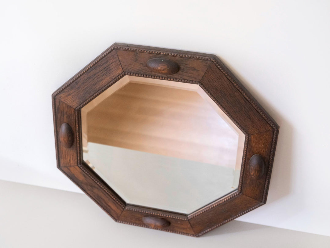 Art Deco Wall Mirror with Beveled Glass - 1920s Geometric Oak Frame