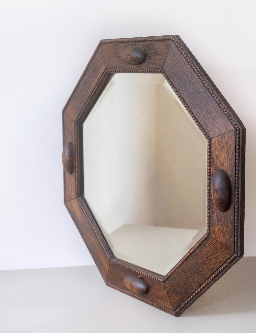 Art Deco Wall Mirror with Beveled Glass - 1920s Geometric Oak Frame