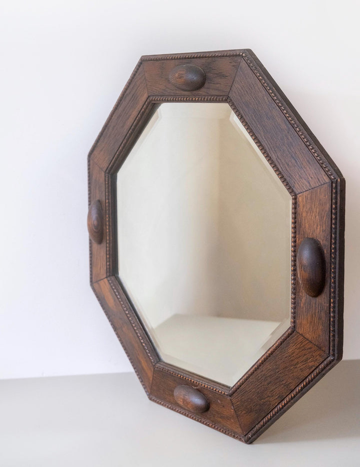 Art Deco Wall Mirror with Beveled Glass - 1920s Geometric Oak Frame