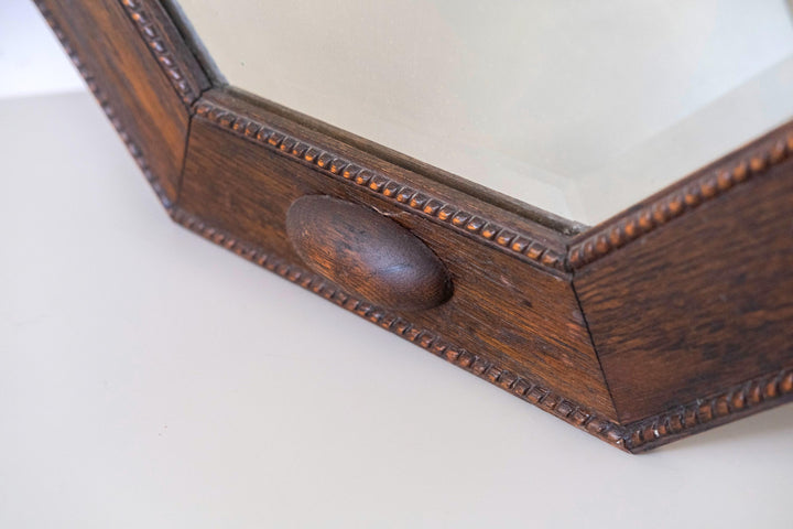Art Deco Wall Mirror with Beveled Glass - 1920s Geometric Oak Frame