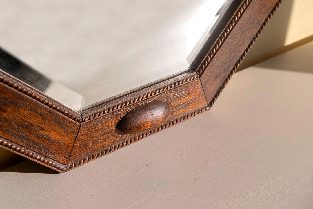 Art Deco Wall Mirror with Beveled Glass - 1920s Geometric Oak Frame