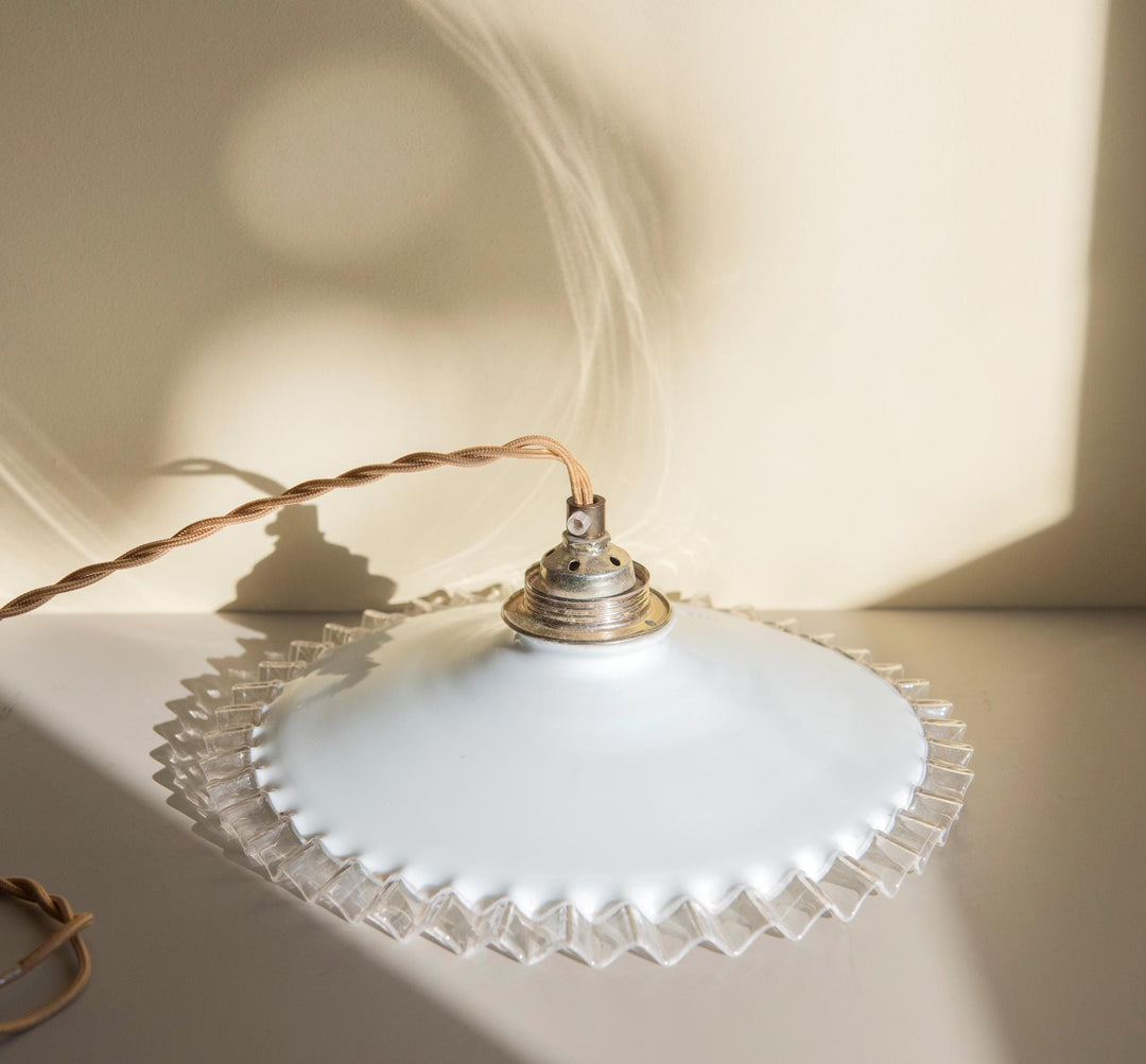 Vintage Opaline Glass Pendant Light - Ruffled Shade