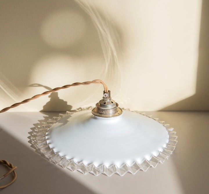 Vintage Opaline Glass Pendant Light - Ruffled Shade
