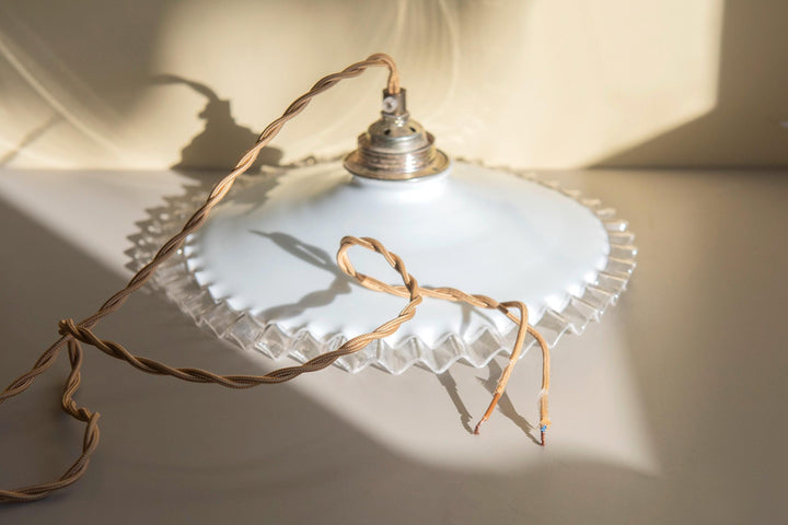 Vintage Opaline Glass Pendant Light - Ruffled Shade