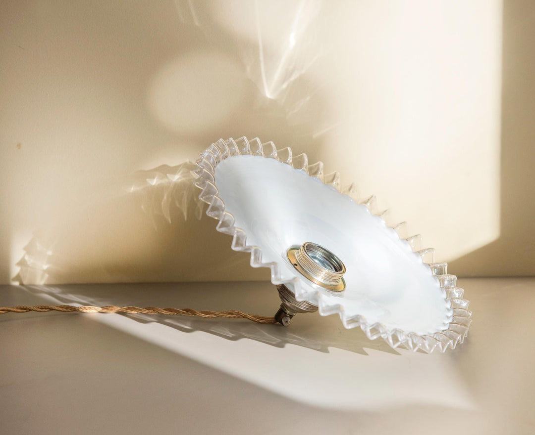 Vintage Opaline Glass Pendant Light - Ruffled Shade