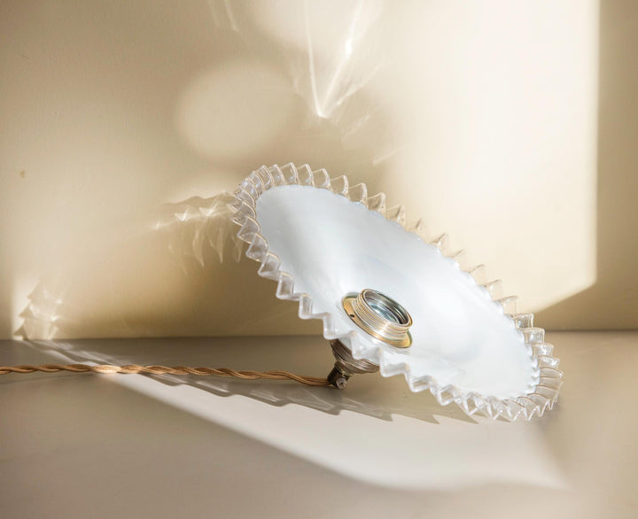 Vintage Opaline Glass Pendant Light - Ruffled Shade