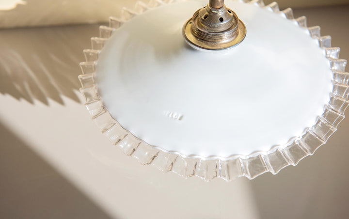 Vintage Opaline Glass Pendant Light - Ruffled Shade