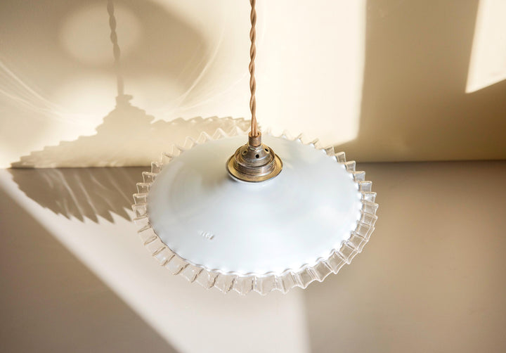 Vintage Opaline Glass Pendant Light - Ruffled Shade