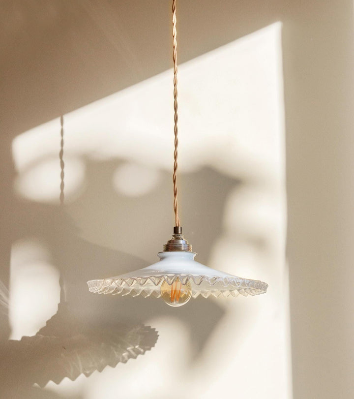 Vintage Opaline Glass Pendant Light - Ruffled Shade