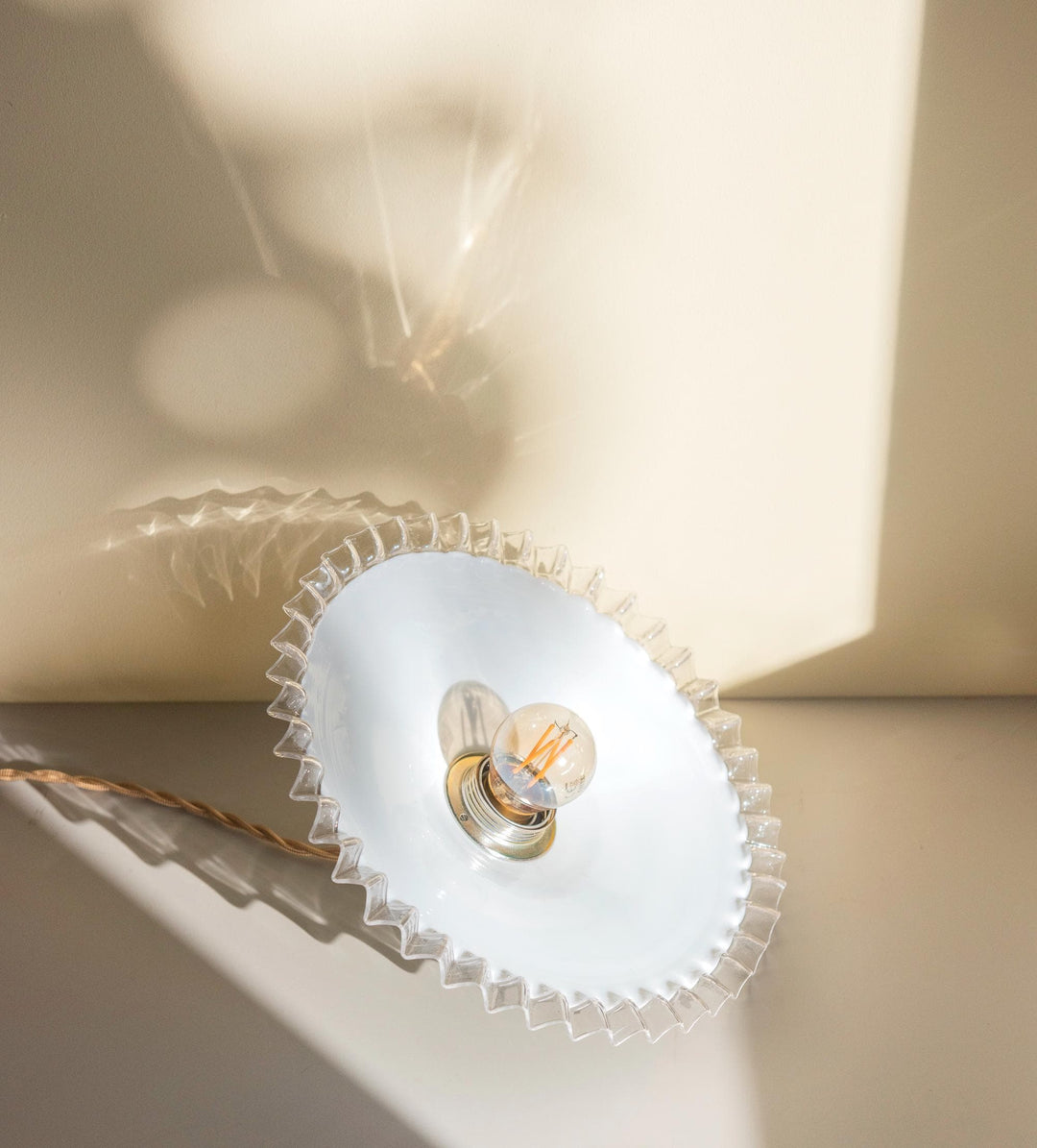 Vintage Opaline Glass Pendant Light - Ruffled Shade