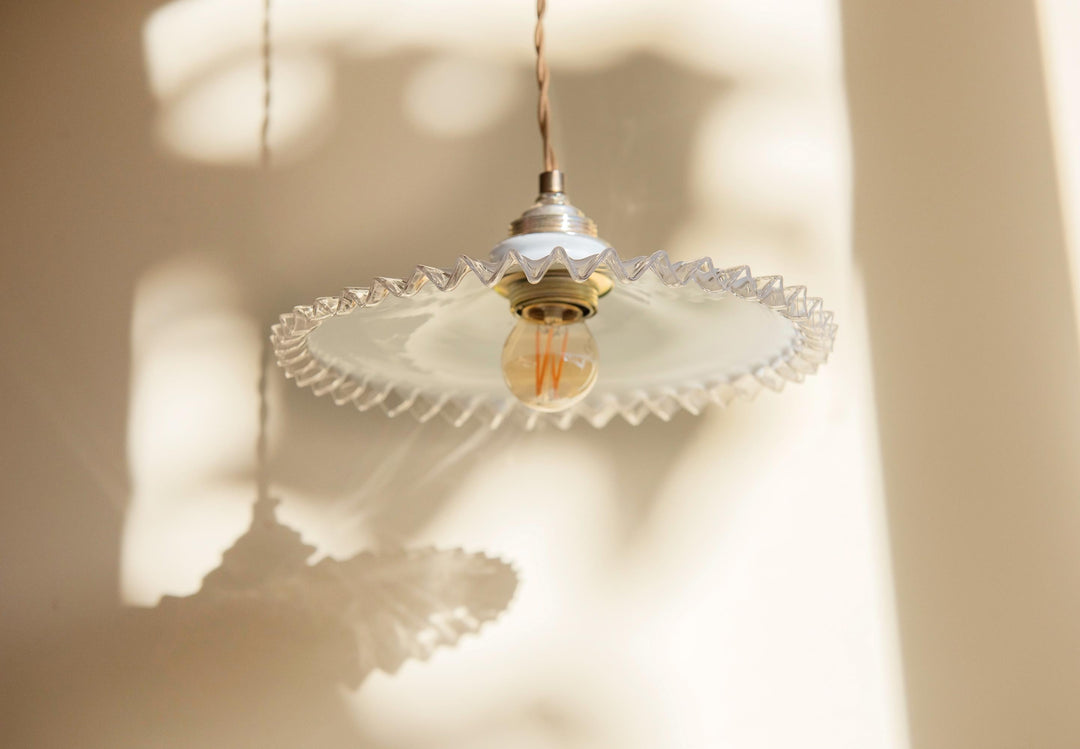 Vintage Opaline Glass Pendant Light - Ruffled Shade